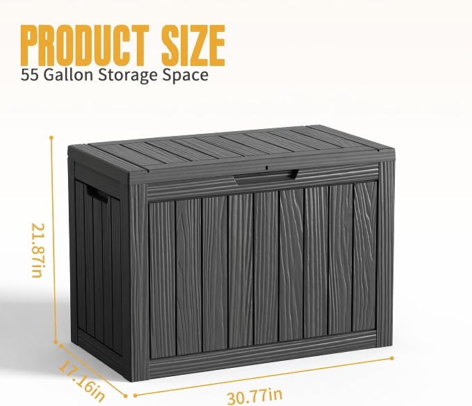 55 Gallon Outdoor Deck Storage Box, Weatherproof Wood Grain Lockable Storage Bin for Patio, Backyard & Poolside Indoor Outdoor Storage (Black,55GAL)