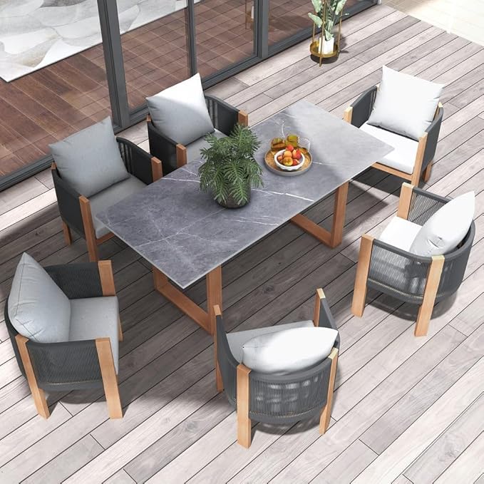 homary 7-Piece Outdoor Dining Set, Modern Outdoor Heat Resistant Dining Table Patio Dining Furniture Set with Faux Marble Tabletop and Woven Rope Chairs for Patio, Balcony, Garden，6 Seat