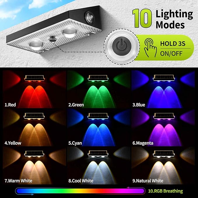 Solar Fence Lights 9 Fixed Colors 10 Modes Solar Lights Outdoor Waterproof 3-Way Warm White Cool White and RGB Color for Backyard Garden Wall
