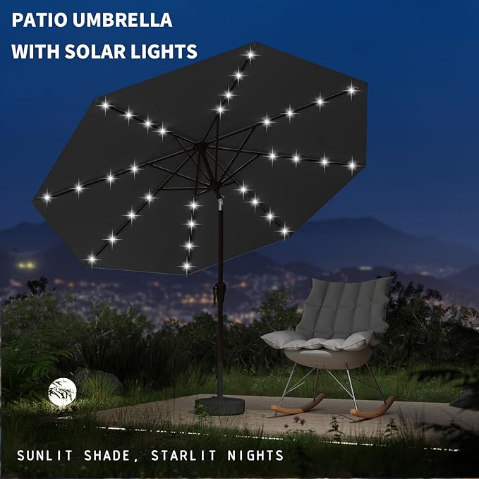 9FT Patio Umbrella with Solar Lights,Outdoor Market Umbrella with Tilt and Crank, LED Lighted Table Umbrella for Garden,Deck,Backyard,Pool,Beach (Black)