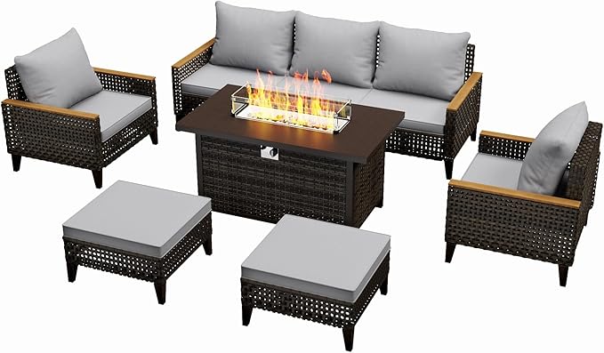 8 Piece Patio Sectional Sofa Set with 50000 BTU Fire Pit Table, All-Weather Wicker Rattan Outdoor Conversation Set, High Back, for Garden, Porch, Poolside, Gray