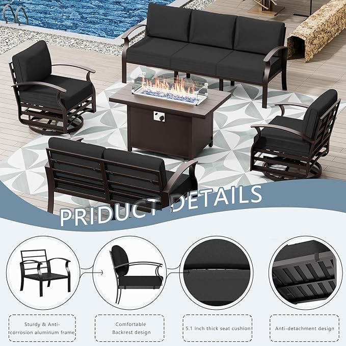 Aluminum Patio Furniture Set with Fire Pit Table, 7 Seats Outdoor Patio Conversation Sets with Swivel Chair Modern Metal Sectional Sofa with Upgrade Cushions for Patio, Backyard