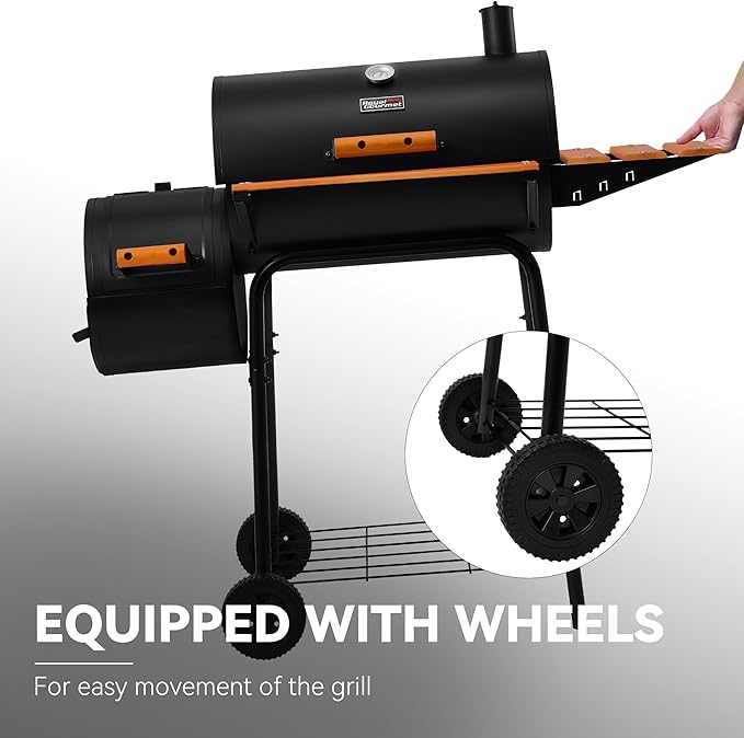 Royal Gourmet CC1624W Barrel Charcoal Grill with Offset Smoker, 552 Sq. In. Cooking Area, Wooden Front and Side Shelf with Hooks, Mesh Bottom Shelf, Charcoal Grill for Outdoor Grilling, Black