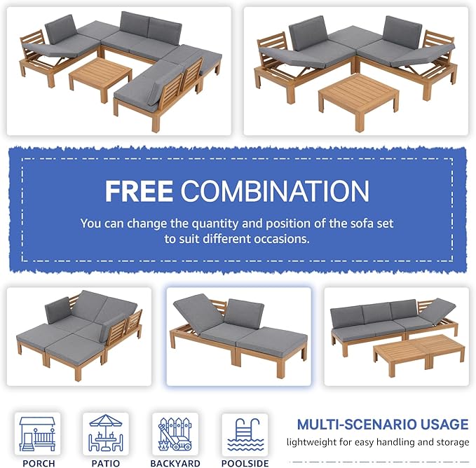 SUNSITT 4 Piece Acacia Wood Patio Furniture Outdoor Sectional Sofa Set with Adjustable Armrest, FSC Certified L-Shaped Patio Set w/2-in-1 Coffee Table, Grey Cushions