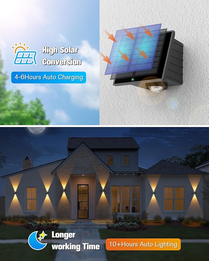 VOLISUN Solar Fence Lights 12 Pack, Color Glow LED Up and Down Wall Lamp, IP65 Waterproof Solar Lights Outdoor for Patio, Backyard, Railing, Deck, Fence and Wall（2 Lenses）