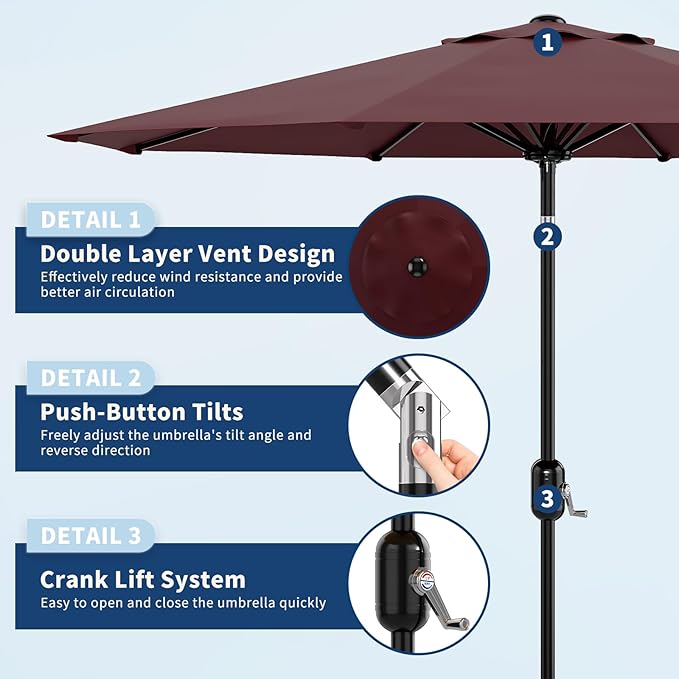 10Ft Patio Umbrella - 8 Sturdy Ribs Outdoor Table Umbrella with Crank Lift & Push Button Tilt - Market Umbrella for Pool, Deck, Yard, Garden - Turquoise