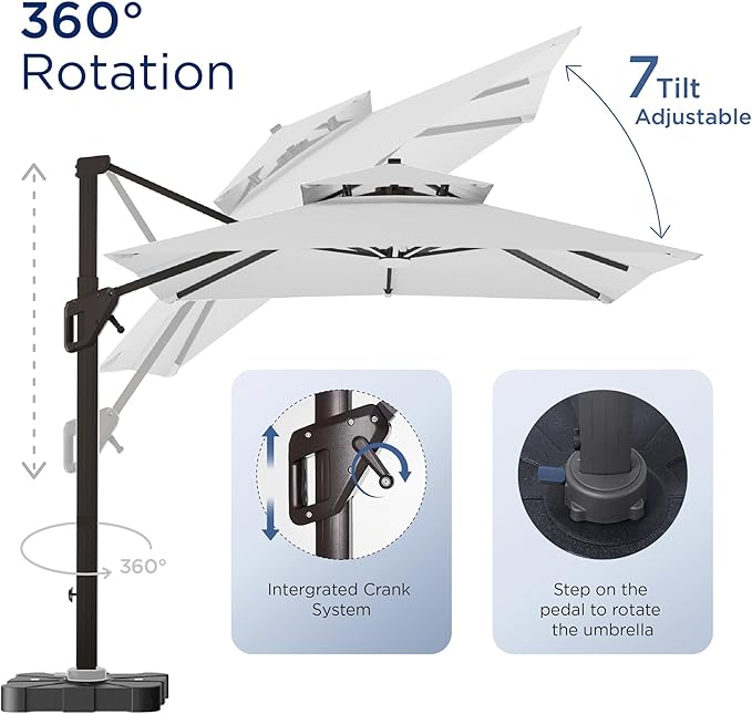 10' X 13' Patio Umbrella with Weighted Base and LED Lights Outdoor Cantilever Large Rectangle Offset Umbrellas Heavy Duty Aluminum Double Top with 360-degree Rotation for Pool Garden Deck, Fog Grey