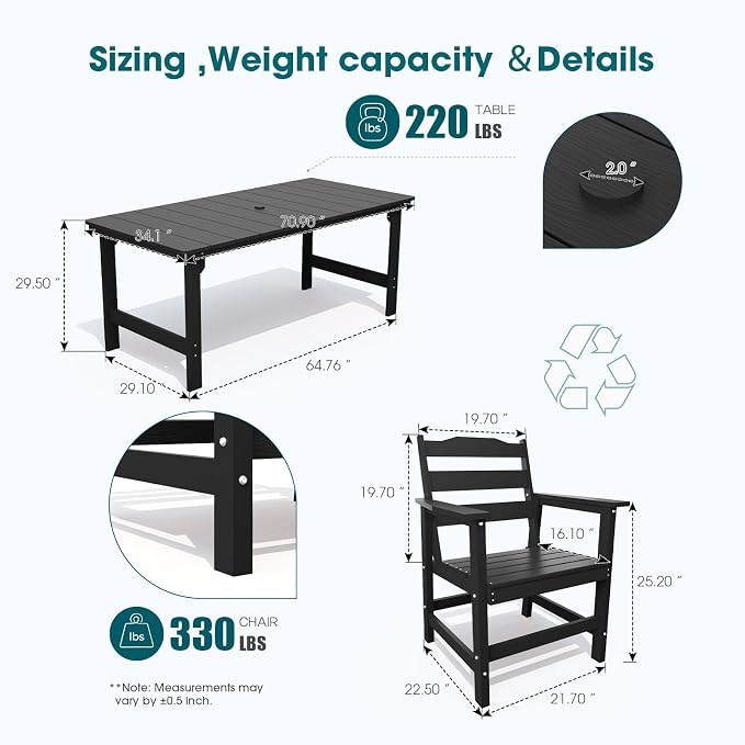 THOEOE Outdoor Dining Chair Set of 2, Patio Dining Chairs with Arms, All-Weather HDPE Outdoor Chairs for Garden, Poolside, Deck, Black