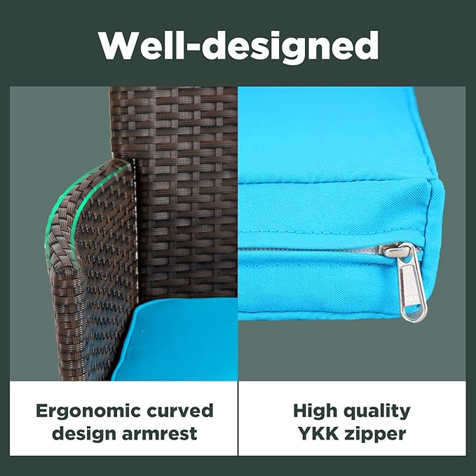 Outdoor Patio Furniture Set，3 Pieces Wicker Bistro Set Outdoor Patio Set Rattan Chair Conversation Sets Patio Sofa Wicker Table Set for Yard Backyard Lawn Porch Poolside Balcony,Blue Cushion