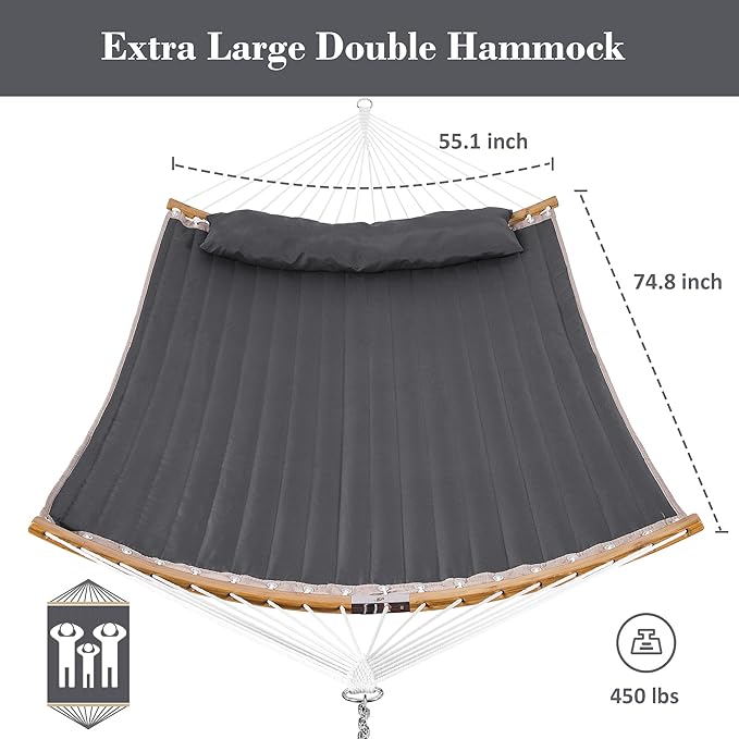 SUNCREAT Hammocks Standing Backyard Hammock with Stand, 2 Person Heavy Duty Portable Hammock with 13.5 ft Wooden Stand, Dark Gray