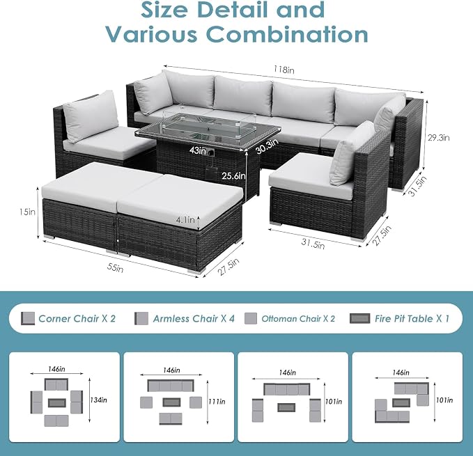 RADIATA 9 Piece Wicker Patio Furniture Set with Fire Pit, All-Weather Outdoor Sectional Couch High Back Large Size, Modular Backyard Seating Sofa Set with Propane/Natural Gas Firepit Table, Light Grey