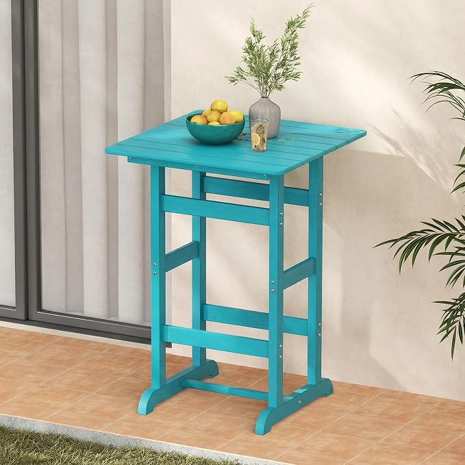 Tangkula 30" x 30" Square Bar Table, Patio HDPE Bar Height Dining Table w/Slatted Tabletop, Outdoor All-Weather High-Top Bistro Table for Poolside, Backyard, Balcony (Turquoise)