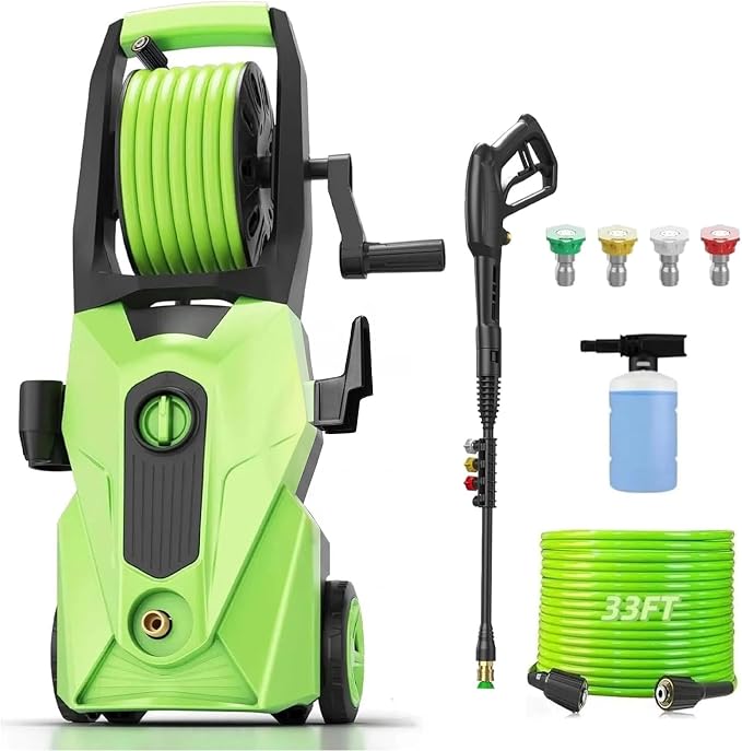 Pressure Washer 5000PSI High Power Washer with 33ft Pressure Hose Reel, 4 Nozzles and Foam Cannon, for Home, Cars, Fences, Patio (Green)