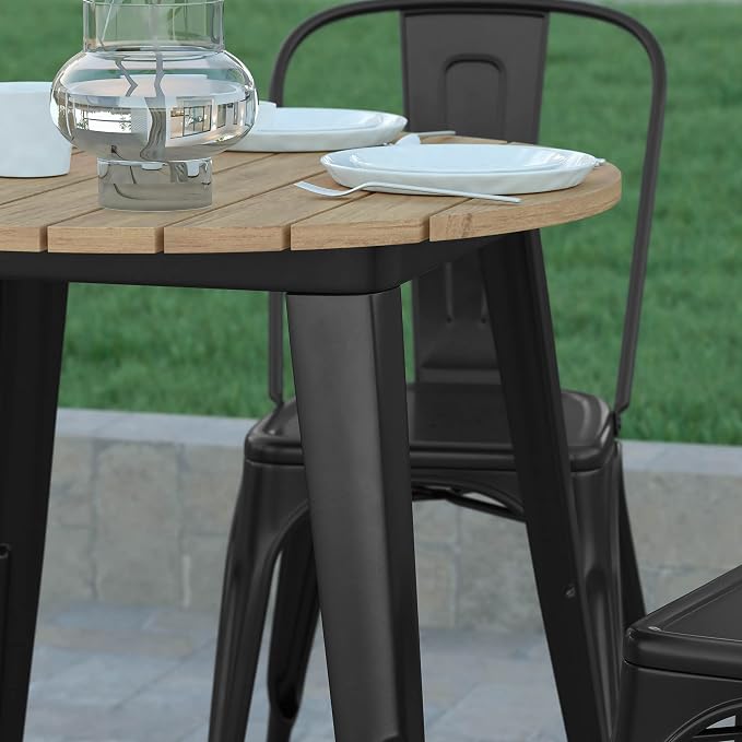 EMMA + OLIVER Drew Dining Table - Brown 30" Round Poly Resin Table Top - Black Steel Base - All-Weather for Indoor/Outdoor Use