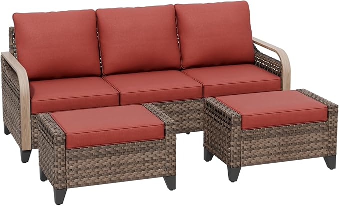 COOS BAY Modern Wicker Outdoor Furniture Set, 3 Piece Patio Conversation Set with a 3 Seat Couch and 2 Ottomans, 3 Piece, Brown/Red