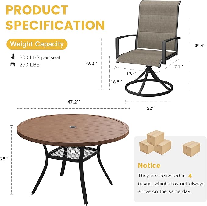VICLLAX 7 Pieces Patio Dining Set for 6, All Weather Outdoor Furniture - 47.2" Round Patio Table and Swivel Padded Chairs, Walnut Tabletop and Mixed Brown Fabric