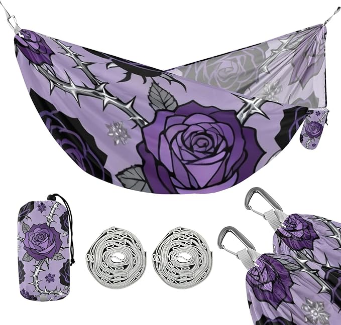 Purple Rose & Thorn Seamless Outdoor Hammocks with Tree Straps Cloth Hammock for Camping Travel Accessories