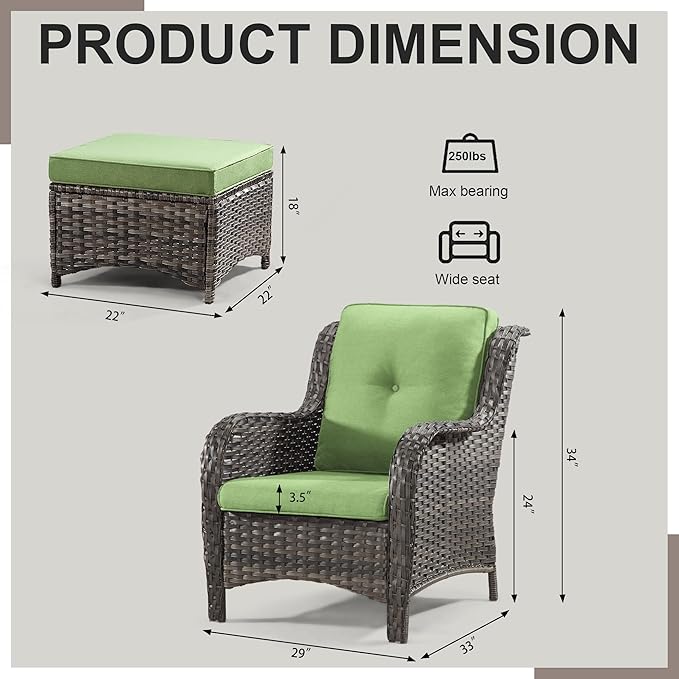 Wicker Chair Set 6 Pieces - Outdoor Wicker Patio Furniture Set with 4 Armchairs and 2 Ottomans, Olefin Cushions Included(Mixed Grey/Green)