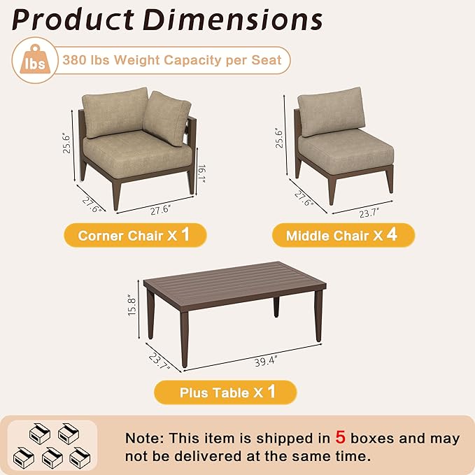 6-Piece Aluminum Outdoor Patio Furniture Set, Oversized Sectional Sofa with Corner Seat & Coffee Table, All-Weather Conversation Set for Backyard, Deck, Porch, or Balcony, Brown