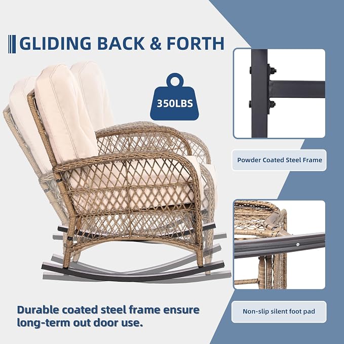 5-Piece Wicker Patio Furniture Sets Outdoor All-Weather Rattan Conversation Set Includes Glider Loveseat, 2 Glass-Top Coffee Tables, 2 Rocking Chairs for Porch Backyard, Light Brown