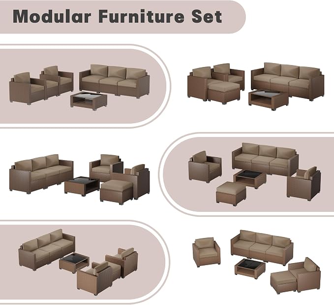 Patio Furniture Set, 7-Piece Outdoor Sectional Couch with Coffee Table & Thick Cushions, Outdoor Wicker Conversation Set for Backyard, Poolside, Garden (Brown-Camel, 7 Piece-Double)