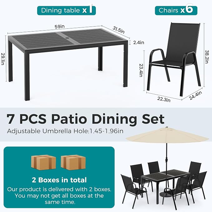 Pamapic Outdoor Dining Sets for 6, Rectangular Steel Slat Table with 6 Textilene Chairs, 7 Piece Patio Table and Chairs Set with Umbrella Hole for Patio, Backyard, Poolside (Black, No Umbrella)