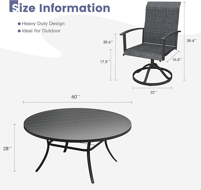 VICLLAX Outdoor Table and Chairs Set for 8, Patio Dining Set of 60" Metal Round Patio Table with Umbrella Hole & 8 Swivel Outdoor Dining Chairs for Backyard Lawn, Charcoal & Black