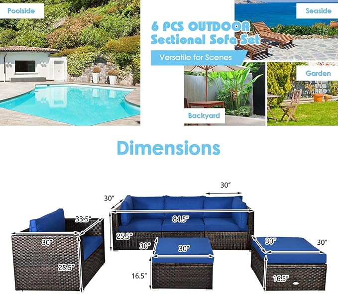 HAPPYGRILL 6-Pieces Patio Conversation Set Outdoor Rattan Wicker Furniture Set, Sectional Sofa Set with Glass Coffee Table Top, Ottoman, Cushions for Backyard Couch Garden Poolside Balcony