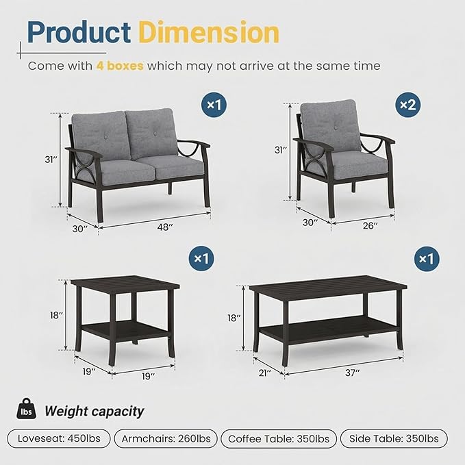 RoyalCraft 4-Pieces Outdoor Patio Furniture Set, Outdoor Metal Sectional Furniture with Cushions, Outdoor Conversation Seating Set with Coffee Table for Balcony, Backyard, Garden, Deck, Grey