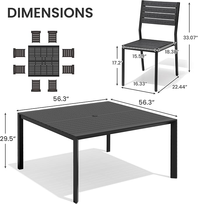 9-Piece Square Outdoor Dining Set, 56" Patio Table and Stackable Chairs | Aluminum Frame Adjustable Umbrella Hole All-Weather Wood Grain Tabletop for Garden, Deck, Backyard (Black)
