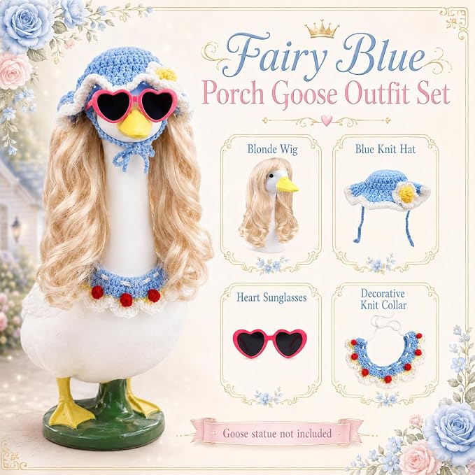 Porch Goose Wigs Blonde 1 Pack with Blue Knit Hat and Scarf Set Porch Goose Blonde Long Wigs Blue Style Outdoor Decor for Lawn Goose Statues