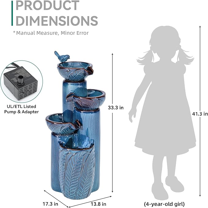 33" H Ceramic Outdoor Water Fountain with LED Lights, 4-Tier Bowl Water Feature with Birds, Teal Blue Glaze, Embossed Leaf Pattern, Cascading Waterfall for Tranquil Garden, Patio, or Porch