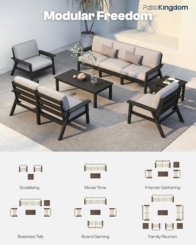 10 Piece Outdoor Patio Furniture Set, Outdoor Couch with Washable Thick Gray Cushions, Coffee Table & Side Table, Patio Conversation Sets for Lawn, Garden, Porch, Balcony (Black Frame)
