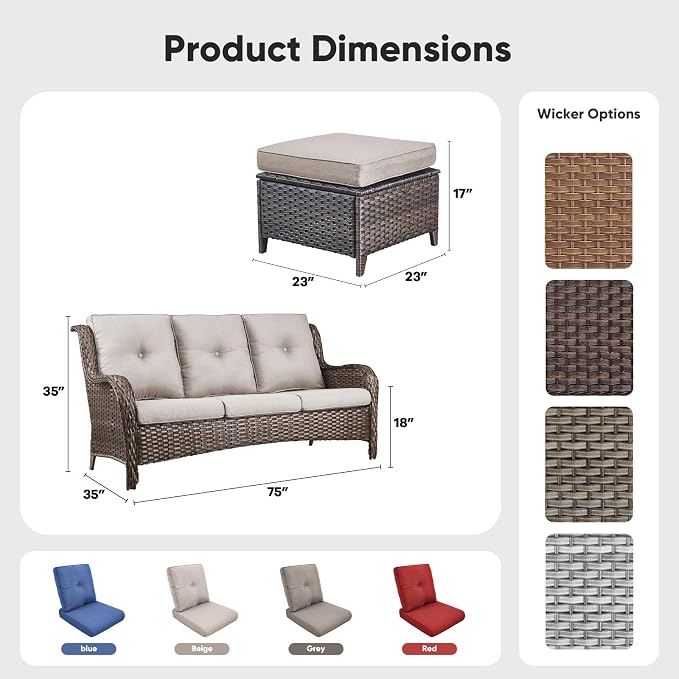 Belord 3-Piece PE Wicker Outdoor Sofa with 2 Ottomans, Luxury Patio Couch Convertible to Chaise Lounge, All-Weather High Back Deep Seat Woven Furniture for Deck, Porch - Brown/Beige
