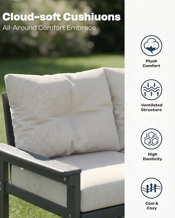 HDPE Outdoor Patio Furniture Set, 10-Piece Patio Conversation Sets with Coffee Table & Beige Washable Thick Cushions, Outdoor Sofa for Garden, Balcony, Porch,(Grey Frame)