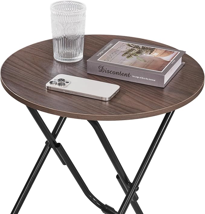 VECELO Patio Outdoor Side Table,17.7 inch Small Folding Table Round Waterproof Wood Table, Foldable Anti-Rust Metal Legs Snack Desk for Garden Balcony,Yard,Living Room