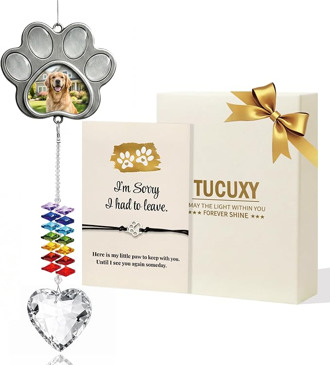 Dog Memorial Gifts for Loss of Dog, Personalized Pet Memorial Suncatcher with Paw Photo Frame, Pet Loss Sympathy Gift, Dog and Cat Remembrance Bereavement Passing Away Keepsake with Memorial Bracelet