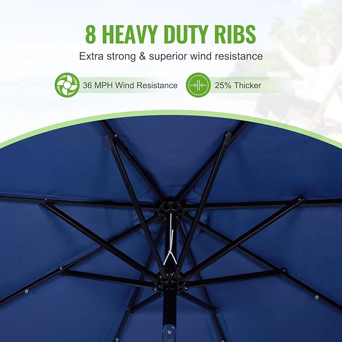 Backyard Expressions 9FT Solar Patio Umbrella with 32 LED Lights, UPF50+ UV Protection, Fade-Resistant Fabric, Easy Tilt & Crank, Outdoor Umbrella for Patio, Deck & Pool (Base Not Included)