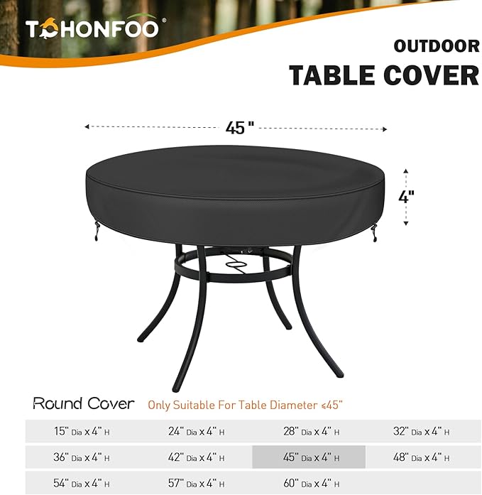 TOHONFOO Round Outdoor Table Cover - Waterproof Anti-UV Round Patio Table Cover - Fits Outdoor Table Up to 43-45 Inch