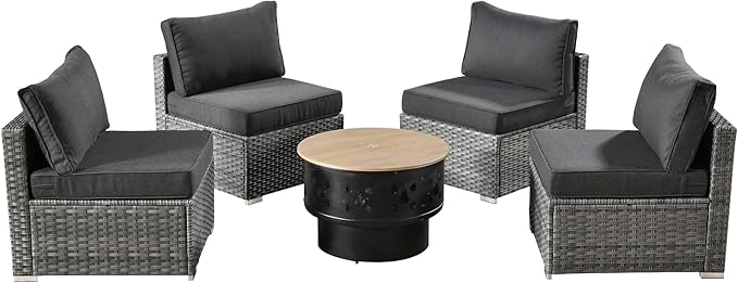 HOOOWOOO 5-Piece Outdoor Wicker Patio Furniture Set, All-Weather Rattan Chairs with Cushions and Fire Pit Table, Modern Garden Conversation Set for Patio, Porch, and Balcony (Black)