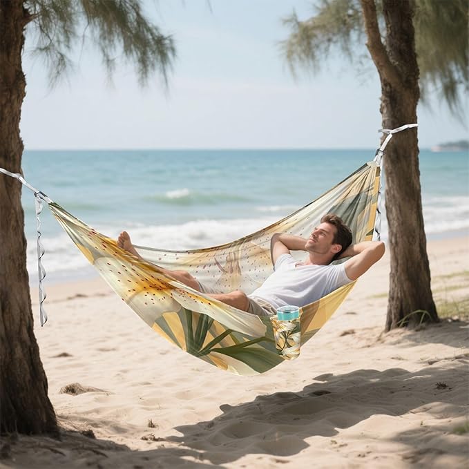 White Lily Flower Light Yellow Stripes 330lb Capacity Outdoor Hammock with Hanging Rope Hanging Hammock for Outside Beach Patio Garden para ir de Camping