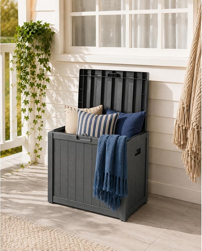 51 Gallon Medium Deck Box Outdoor Storage Box, Resin Garden Storage Chest with Overarching Waterproof Lid, Patio Bench Seat for Cushions & Tools, Gray