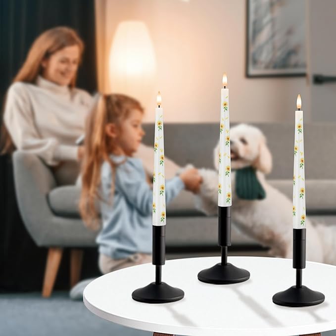 Sunflower Taper Candles Battery Operated, 9.6" Real Wax Flameless Candles with Remote, Flickering LED Candlesticks for Home, Wedding, Party Decor, 3 Pack