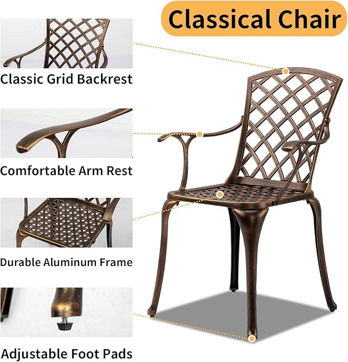 VINGLI 5 Pieces Outdoor Patio Dining Set, Cast Aluminium Patio Furniture Set with 4 Chairs and 1 Umbrella Table for Yard, Garden, Porch and Poolside, Bronze (Round Table)