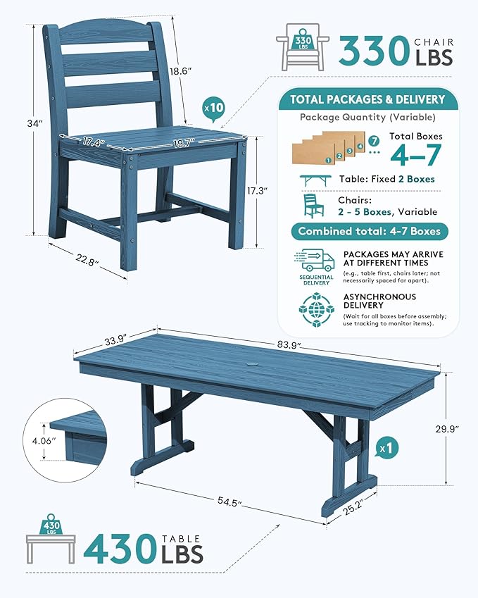 SERWALL 9 Piece Outdoor Dining Set, 84" HDPE Outdoor Table and Armless Chairs Set for 8，All Weather Patio Furniture Set with Umbrella Hole for Backyard, Garden, Blue