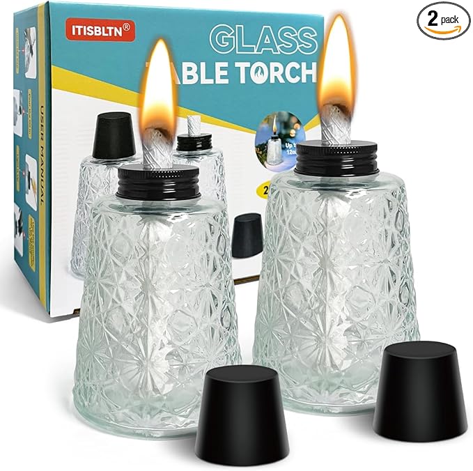 2 Pack Refillable Torches for Outside Glass Tabletop Citronella Torches Outdoor with Snuffers & Torch Wicks Decorative Torch Canister for Outdoor Table Décor, Patio, Backyard, Pool Bar