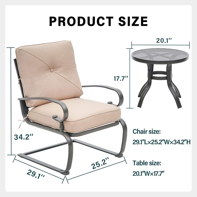 Outdoor 3 Pcs Patio Bistro Spring Set Motion Metal Lounge Chairs and Round Table, Frame Conversation Set with Washable Cushions, Brown