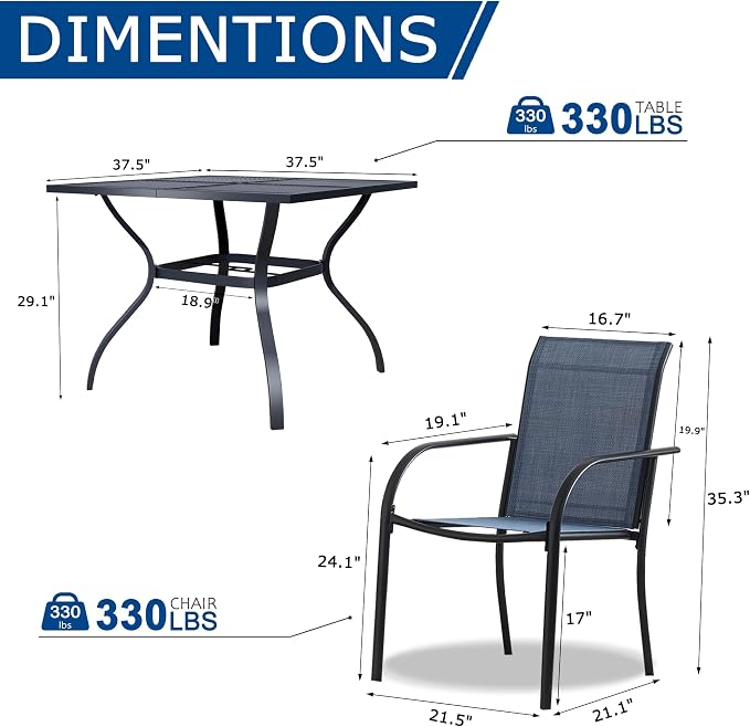 5 Piece Outdoor Dining Set, Patio Table and Chairs Set of 4, 37.5" Black Square Patio Table with 4 Dark Blue Stackable Patio Chairs for Lawn, Garden, Porch