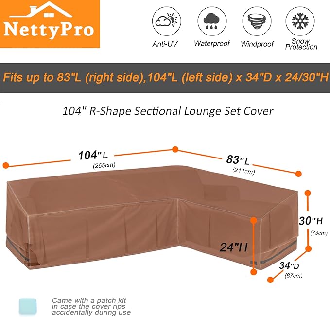 NettyPro Patio Sectional Cover 104" x 83", L-Shaped Waterproof 600D Heavy Duty Outdoor Furniture Sofa Lounge Set Cover, Right Facing, Brown