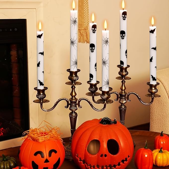 Eldnacele Flameless Taper Candles Flickering with Remote and Timer, Battery Operated LED Taper Candles Skull Bats Spider Decals Real Wax Halloween Indoor Decoration(6 Pack, 0.78 x 9.64 Inches)